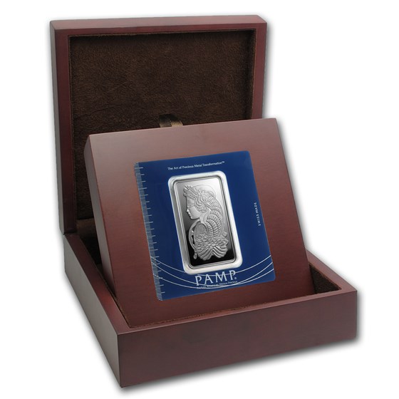 APMEX Wood Gift Box - 100 Gram PAMP Suisse Silver Bar (w/Assay) APMEX Wood Gift Box - 100 Gram PAMP Suisse Silver Bar (w/Assay)